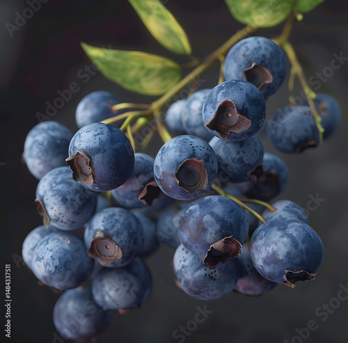 Plump Blueberries with a Dusty Bloom, Accompanied by Green Leaves