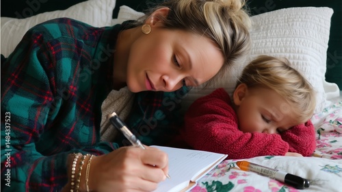 Obraz na płótnie Mother teaches child to write in cozy bedroom during winter morning w salonie