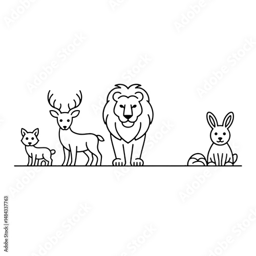 A group of animals including a lion deer rabbit and a small fox in a simple black and white drawing 