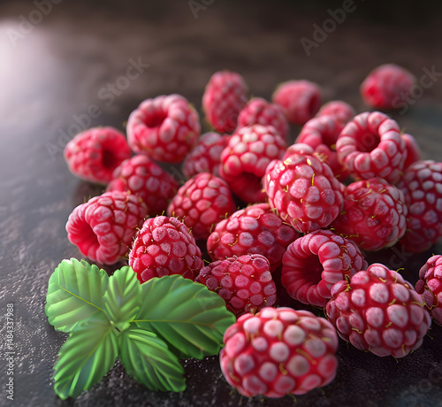 Abundant Pile of Fresh Red Raspberries with a Few Green Leaves Scattered