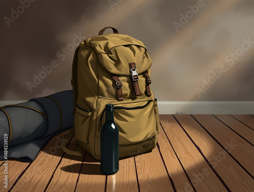 Brown backpack on a wooden floor with a dark bottle and a grey sleeping bag beside it. 