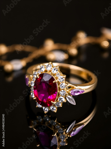 Elegant oval ruby gemstone ring set with clusters of marquis gems on a dark reflective surface for jewelry advertising
