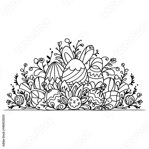 decorated pile of easter eggs flowers and leaves with a cute bunny face in a black and white outline