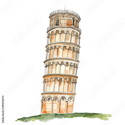Leaning Tower of Pisa cute watercolors illustration isolated on white background