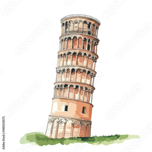 Leaning Tower of Pisa cute watercolors illustration isolated on white background