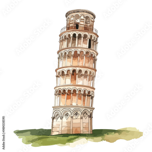 Leaning Tower of Pisa cute watercolors illustration isolated on white background
