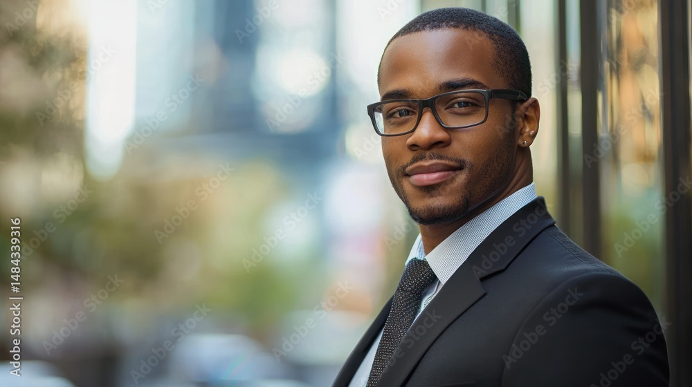 Fototapeta premium A confident, well-dressed African American man in a suit and tie, standing in front of a blurred cityscape.