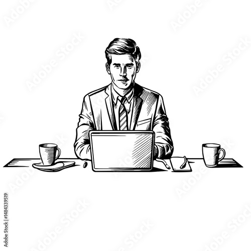 Businessman working on laptop in black and white sketch style illustration ideal for office themes remote work concepts professional productivity and corporate presentations