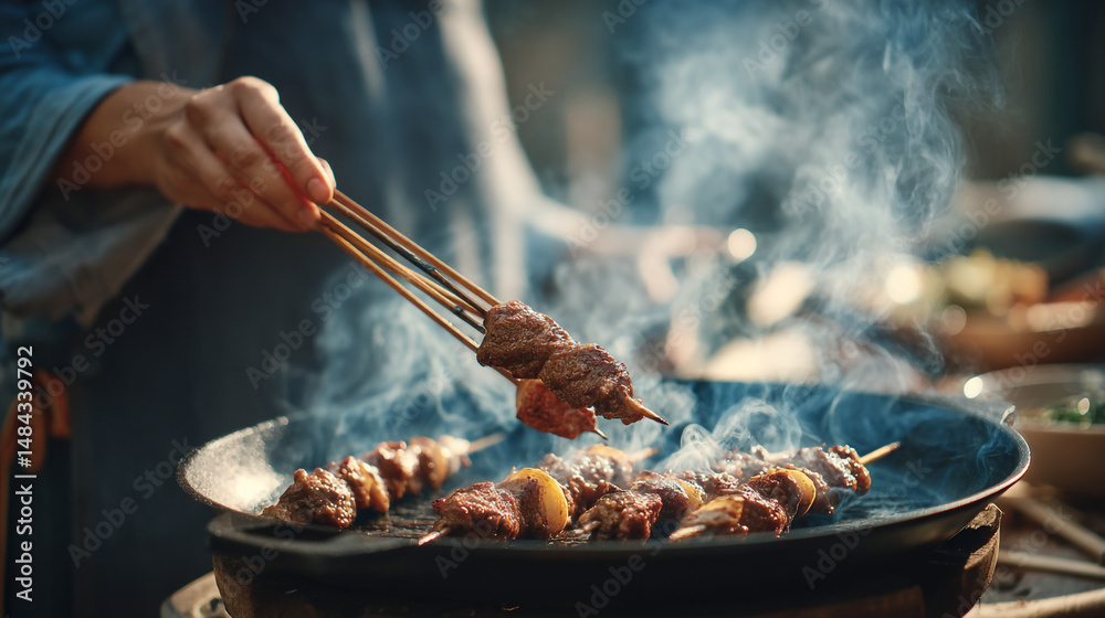 Fototapeta premium Grilled meat skewers cooking on a barbecue grill for a delicious and smoky outdoor summer meal idea 