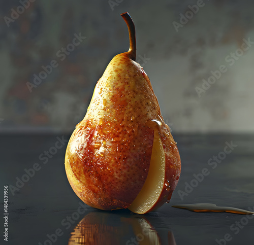  Golden Brown Pear with Peeling Skin and Water Droplets on a Dark Background