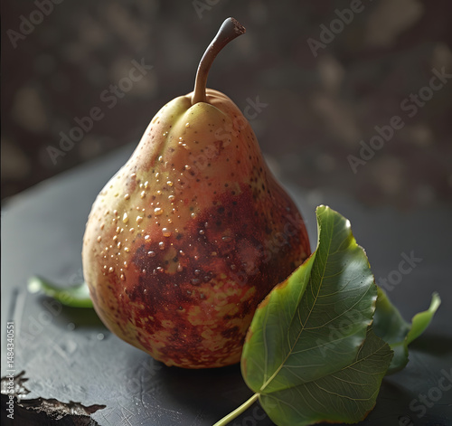 Ripe Green Pear with Brown Patches and Water Droplets on a Dark Plate