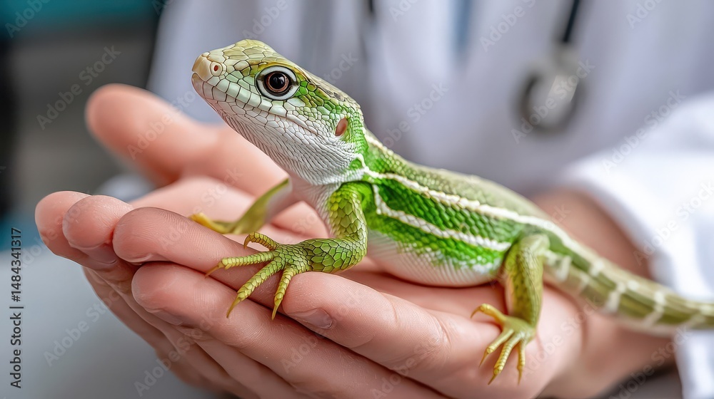 Fototapeta premium A kind veterinarian carefully holds a vibrant green lizard in their hands while wea a white coat and stethoscope around their neck in a medical setting.