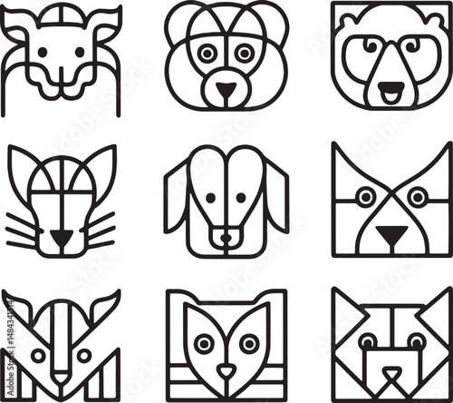 A set of simple square icons of animal faces in black and white line style showing different wild animals like dogs cats foxes and bears with a modern flat design look