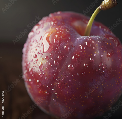 Luscious Red Plum Adorned with Glistening Water Droplets on a Dark Background