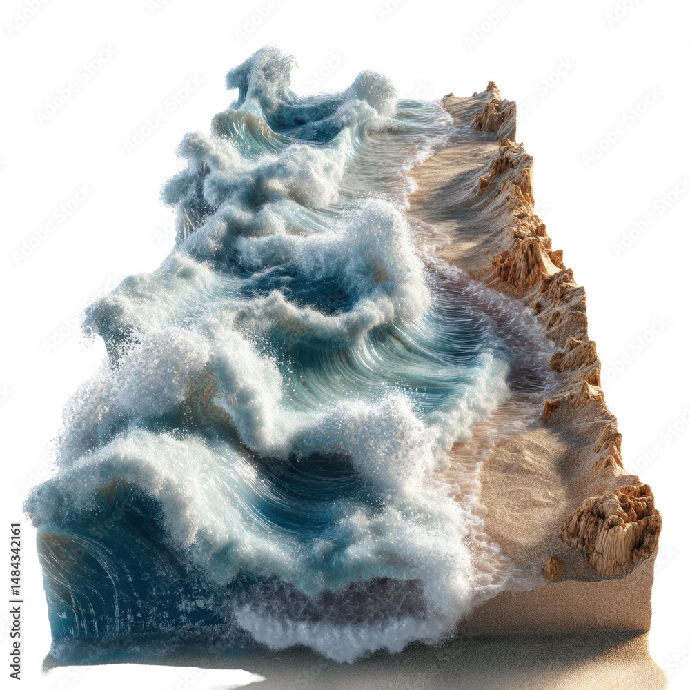 Obraz premium Dynamic ocean waves crashing on sandy shore.
