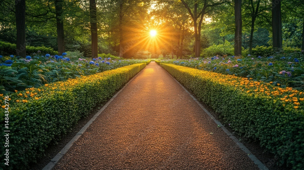 Obraz premium Sunlit Pathway Through a Blossomed Garden
