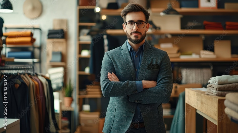Fototapeta premium A man in a suit standing in a clothing store with his arms crossed.