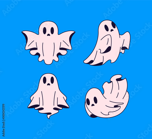 Ghost icon set illustrations with expressive faces and different pose cartoon hand drawn illustration vector for Halloween themes and decor