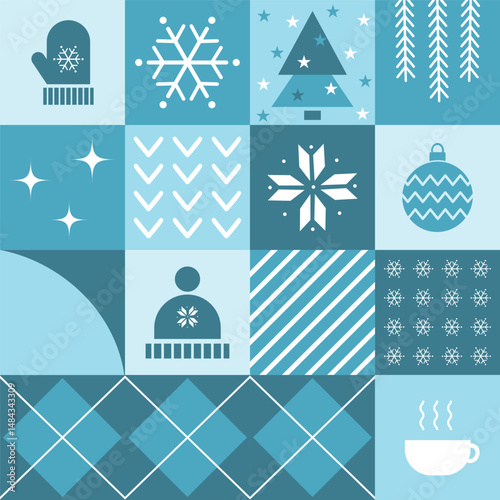 Winter Square Pattern. Seamless Geometric Checkered Print with Winter Things. Christmas Abstract Background. Template. Set. Patchwork. Christmas Tree, Ball, Snowflake, Hat, Glove, Cup. Vector in Blue.