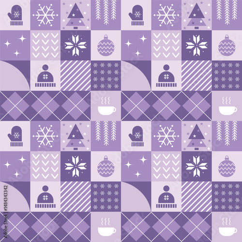 Winter Geometric Square Pattern. Seamless Checkered Print with Winter Things. Christmas Abstract Background. Template. Set. Patchwork. Christmas Tree, Ball, Snowflake, Hat, Glove. Vector in Purple.