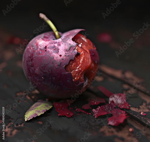 Slightly Damaged Dark Plum with Exposed Flesh and Rich Red Juices