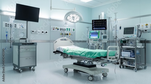 Brightly lit operating room featu an adjustable bed, various monito devices, and surgical equipment ensures a sterile environment for procedures.