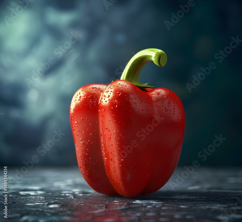 Vivid Red Bell Pepper Adorned with Condensation, Highlighted by Soft Lighting
