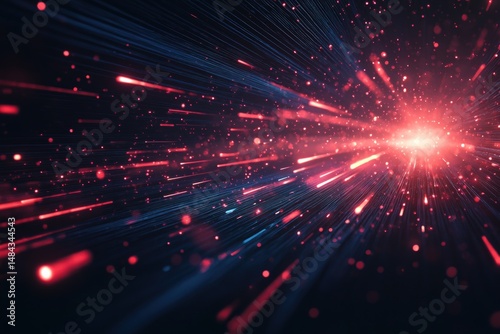 Abstract digital explosion of red and blue light streaks