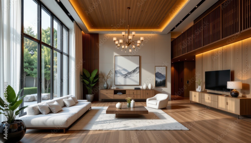 Fototapeta premium Modern Minimalist Living Room with Large Windows and Elegant Furniture in a Bright and Airy Space