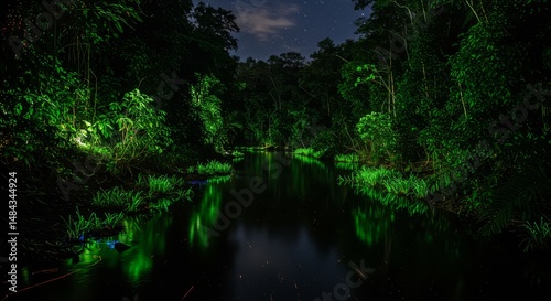 Nighttime Rainforest River Scene - Serene nighttime view of a river flowing through a lush rainforest, bioluminescent plants illuminating the banks