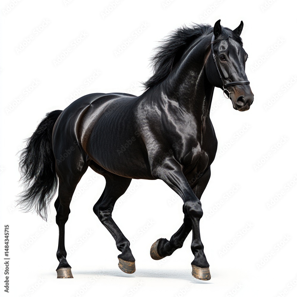 Fototapeta premium Majestic Black Horse in Dramatic Pose With Flowing Mane and Shiny Coat on White Background