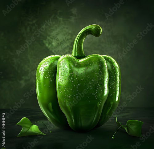 Vibrant Green Bell Pepper with Visible Water Droplets and Organic Texture