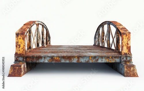 Weathered Rusty Metal Bridge with Arch Supports and Wooden Planks, Isolated on White Background