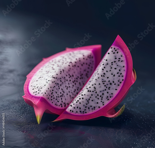 Perfectly Halved Dragon Fruit on a Dark Background, Showcasing Its Striking Contrast