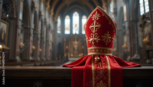 Red bishop mitre and vestment placed on a wooden table inside a grand church, symbolizing preparation before the papal conclave.
