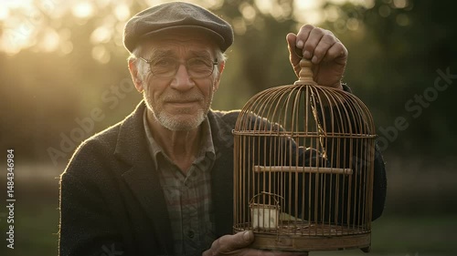 Gentleman with Birdcage at Sunset