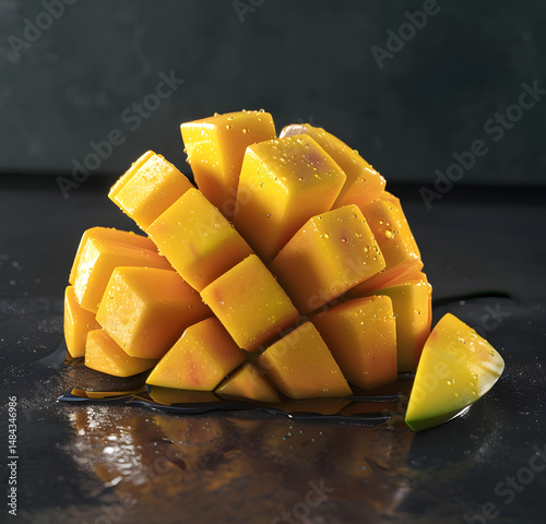 Perfectly Diced Golden Mango Ready for Consumption on a Dark Plate