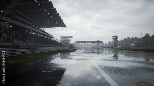 Rainy Race Track: A Dramatic View of a Wet Formula 1 Circuit
