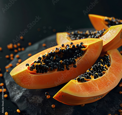 Beautifully Arranged Papaya Slices and Seeds on a Dark, Textured Background