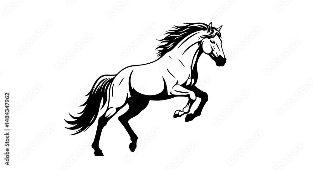 Fototapeta premium Dynamic Black and White Horse Silhouette Leaping Against a White Background