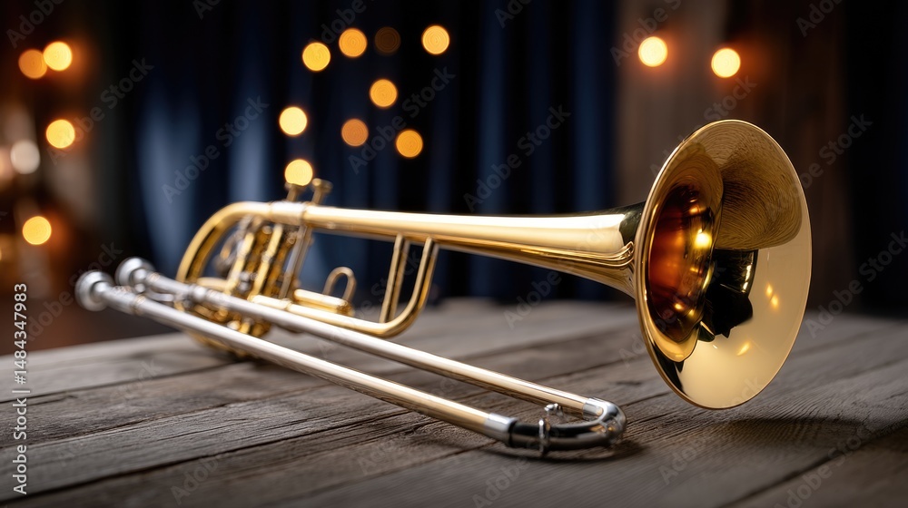 Obraz premium A classic brass trombone laid diagonally across a weathered dark wooden stage