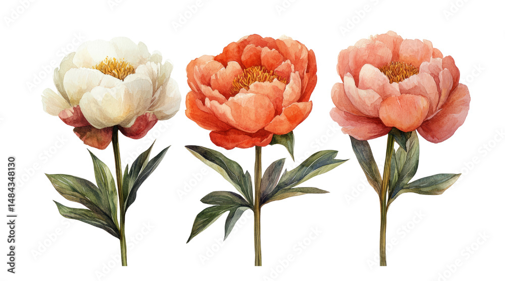 Obraz premium Three watercolor peony flowers in white, orange, and pink isolated on a transparent background