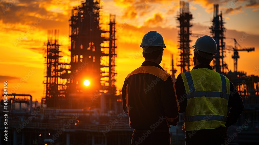 Sunset Silhouette of Two Engineers at an Oil Refinery Sunset Silhouette of Two Engineers at an Oil Refinery