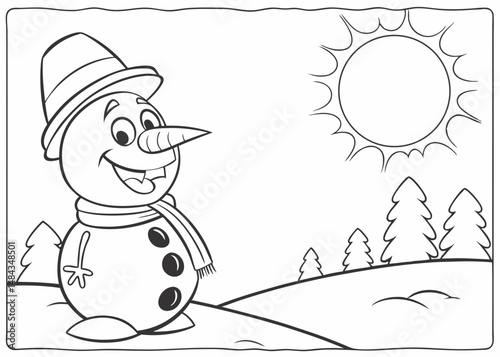 Coloring Page Outline Of a cartoon snowman Coloring Page Colored Illustration