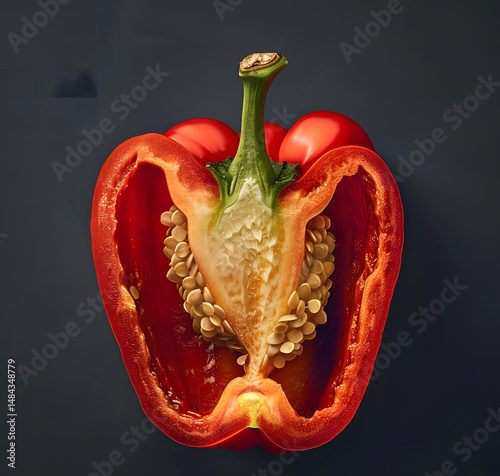 Detailed View of a Cut Red Bell Pepper with Visible Seeds and Membranes