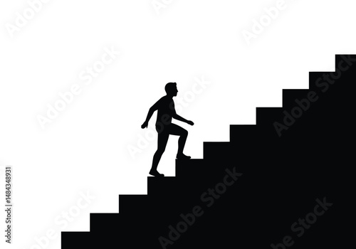 Climbing stairs silhouette. This image is a black silhouette of a person climbing stairs, symbolizing progress, achievement, and upward movement. Vector clipart illustration design.