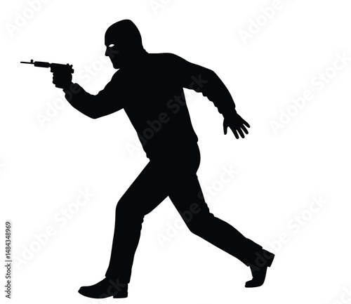 Crime silhouette. This image is a black silhouette of a person holding a gun, representing crime, danger, and illegal activity. Vector clipart illustration design.
