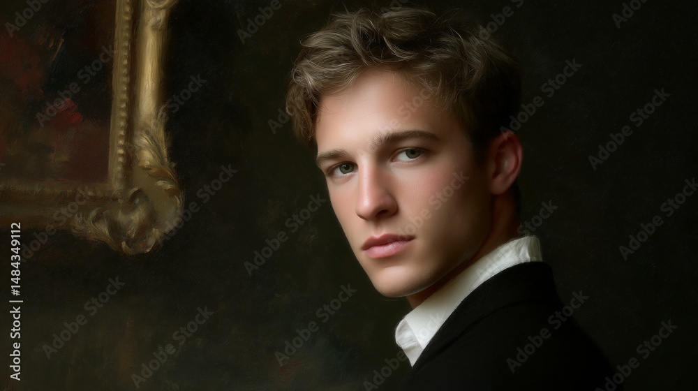 Portrait of a young man in a formal outfit with a serious expression in a dimly-lit setting