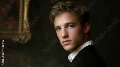 Obraz na płótnie Portrait of a young man in a formal outfit with a serious expression in a dimly-lit setting w salonie