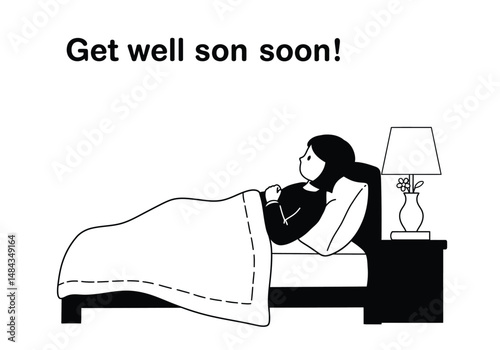 Get well soon silhouette. This image is a black silhouette of a person in bed, symbolizing wishes for recovery and good health. Vector clipart illustration design.